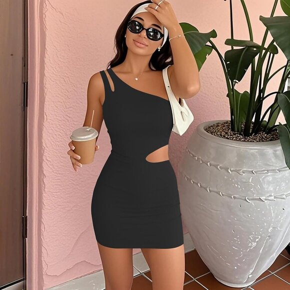 Women's One Shoulder Bodycon Dress Mini Asymmetrical Cut Out Club Wear - Picture 3 of 6